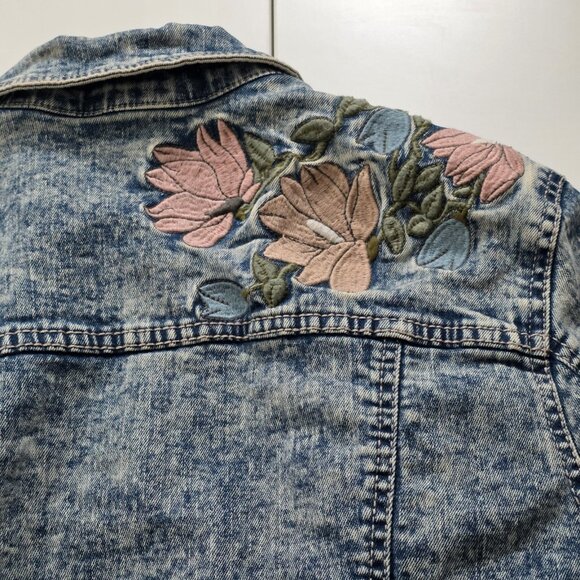 Suko Jeans Denim Jacket Women L Blue Acid Wash Floral Embroidery Stretch Y2K - Picture 11 of 16
